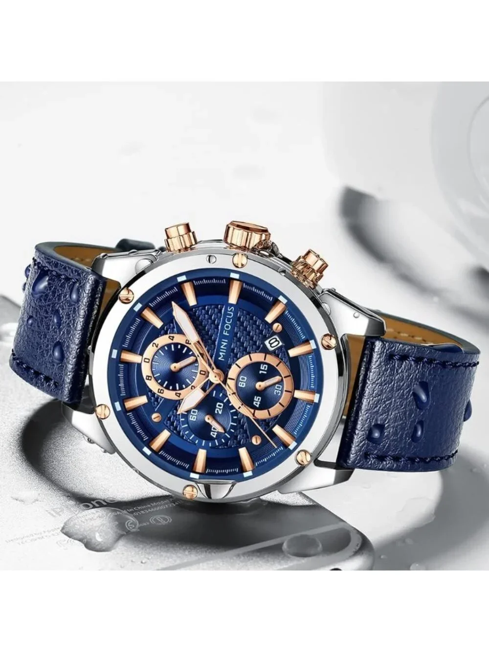 Men's Blue Silver Chronograph Waterproof Sport Military Analog Quartz Wristwatch